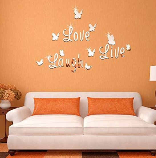 3D Acrylic Mirror Butterfly Stickers Silver Love Live Laugh Butterfly Wall Letters Butterfly, Home Decoration Decal
