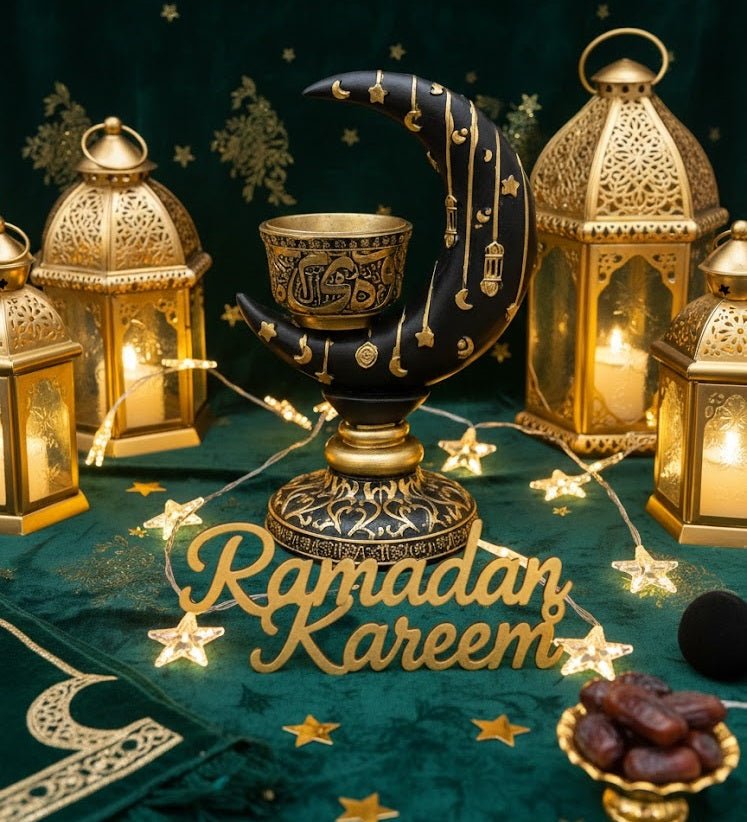 Islamic Crescent Moon Candle Holder with Arabic Calligraphy Bowl