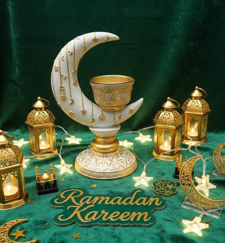 Islamic Crescent Moon Candle Holder with Arabic Calligraphy Bowl